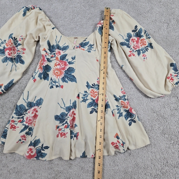 Free People Francesca Mini Dress Babydoll V Neck Puff Sleeves Cream Floral Boho - Picture 3 of 11